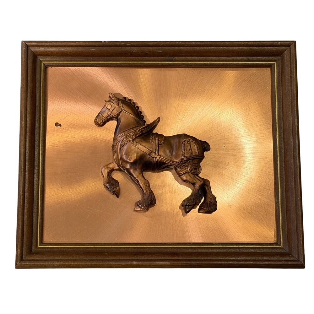 Vintage Mid-Century 3D Copper Relief Tang Dynasty Horse Framed Wall Art